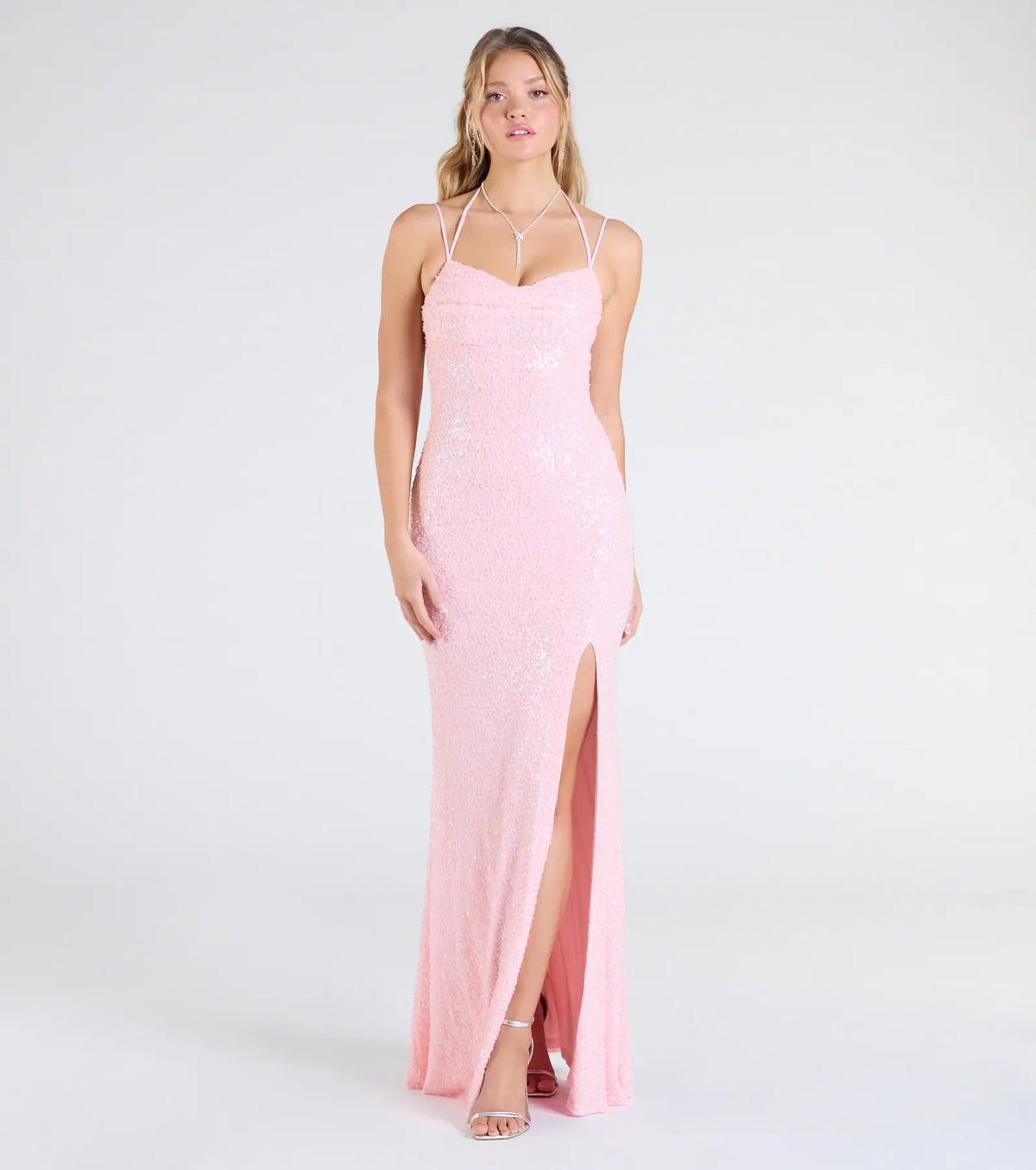 Kaitlyn Cowl Neck Slit Beaded Sequin Formal Dress