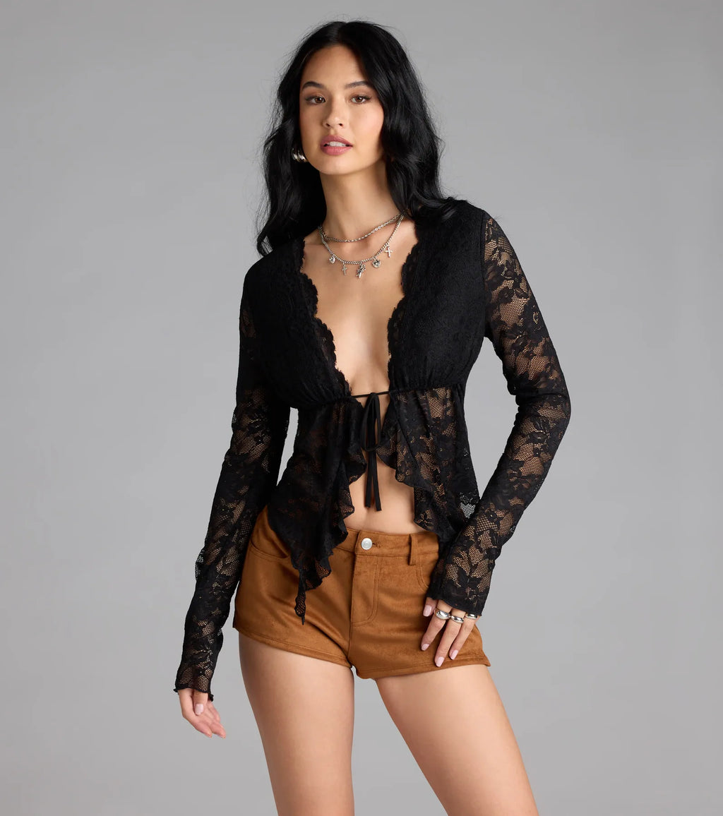 Delicate Flair Floral Lace Tie-Front Top