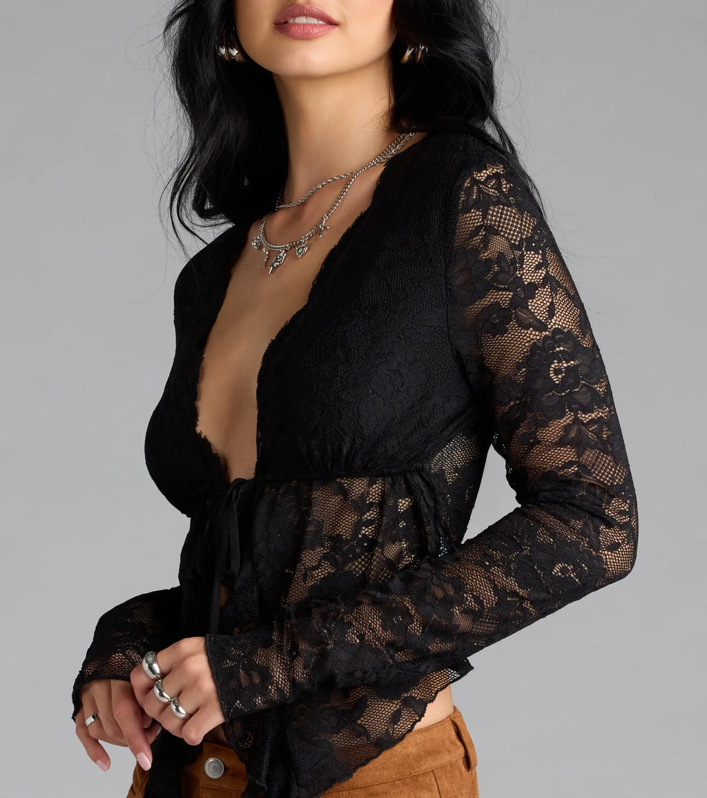 Delicate Flair Floral Lace Tie-Front Top
