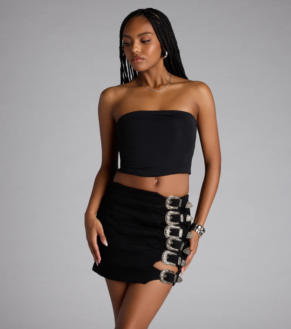 Buckle Down High-Rise Denim Skort